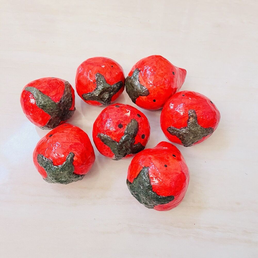 Set of 7 Hand Painted Papier Mache Strawberries Large Red Fruit Kitchen Decor